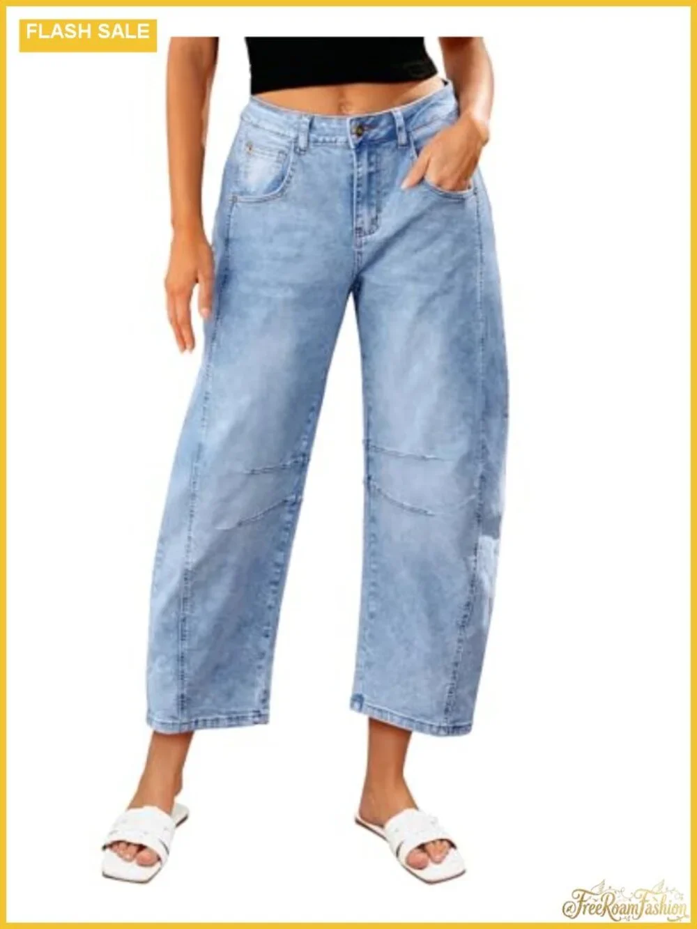 High Waisted Cropped Wide Leg Barrel Jeans Distressed Stretchy Denim